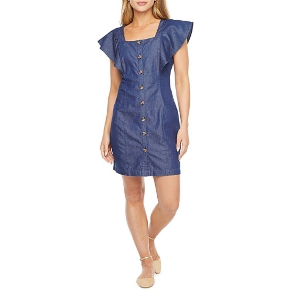 ANA Dark Chambray flutter short sleeve sheath shirt dress 2X